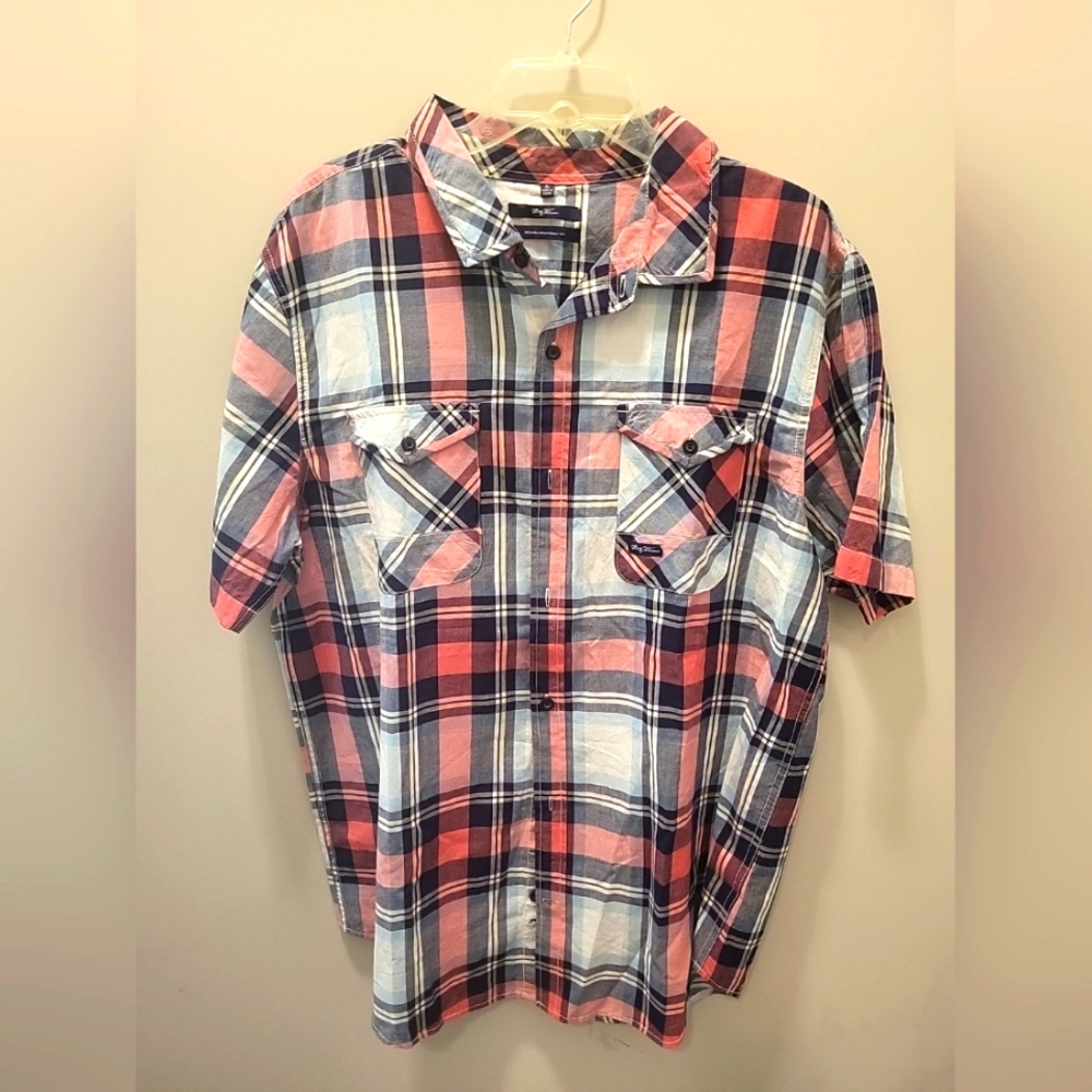 LRG Lifted Research Group Men's XL Pink Blue Plaid Short Sleeve Casual Shirt New